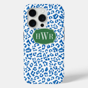 Monogrammen van Elegant Blue en White Leopard Prin iPhone 15 Pro Case