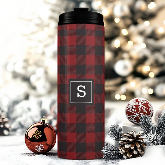Monogrammen van geblindeerde rode en zwarte berlij thermosbeker
