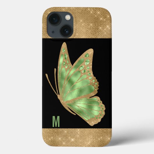 Monogrammen van groene en goudvlinder Case-Mate iPhone case (Achterkant)