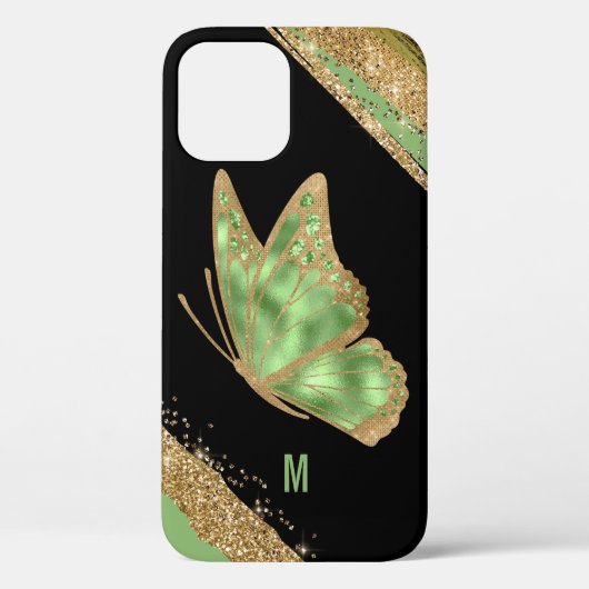 Monogrammen van groene en goudvlinder Case-Mate iPhone case (Achterkant)