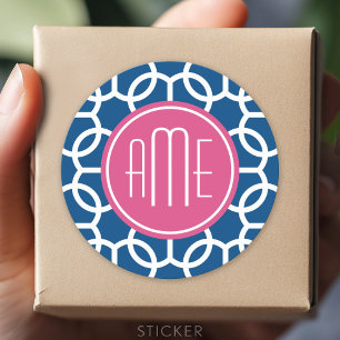 Monogrammen van het hete roze en blauwe geometrisc ronde sticker
