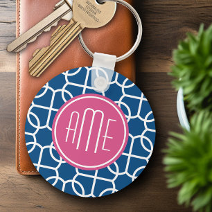 Monogrammen van het hete roze en blauwe geometrisc sleutelhanger