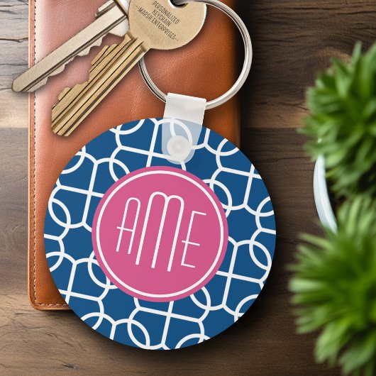 Monogrammen van het hete roze en blauwe geometrisc sleutelhanger