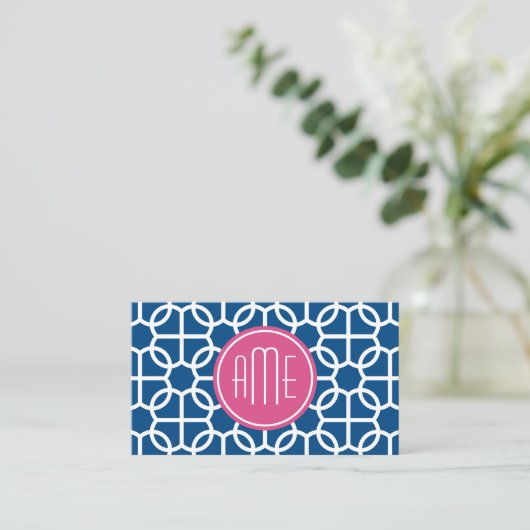 Monogrammen van het hete roze en blauwe geometrisc visitekaartje (Staand voorkant)