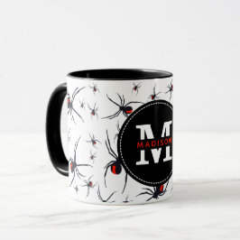 Monogrammen van het rode en zwarte spinpatroon mok