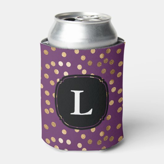 Monogrammen van Paarse en goudglitter Polka Dot Blikjeskoeler (Blikje Voorkant)