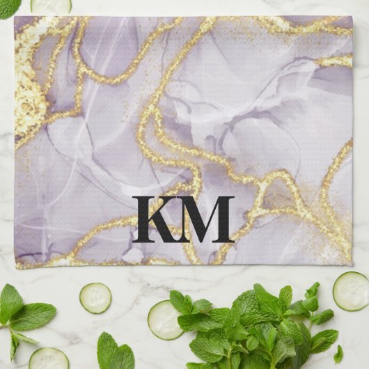 Monogrammen van Paarse en goudinktmarmer Theedoek (Gevouwen)