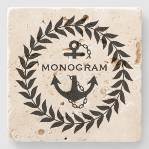 Monogrammen van zwart, rond en rond anker stenen onderzetter