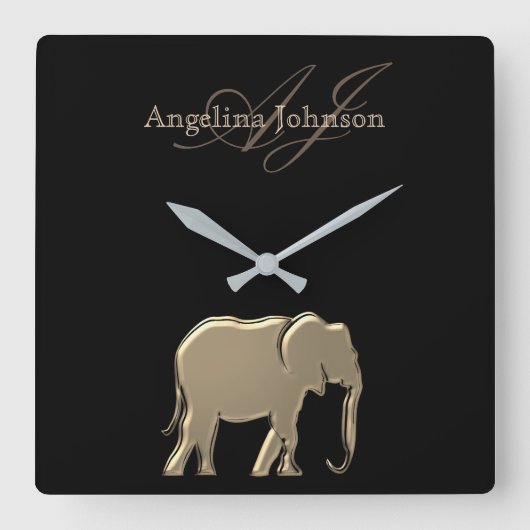 Monogrammen van zwarte en goudolifanten vierkante klok (Voorkant)