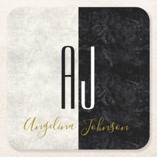 Monogrammen van zwarte en witte marmer kartonnen onderzetters