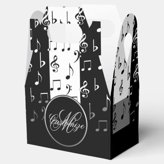 Monogrammen van zwarte & witte muziekstrips bedankdoosjes (Geopend)
