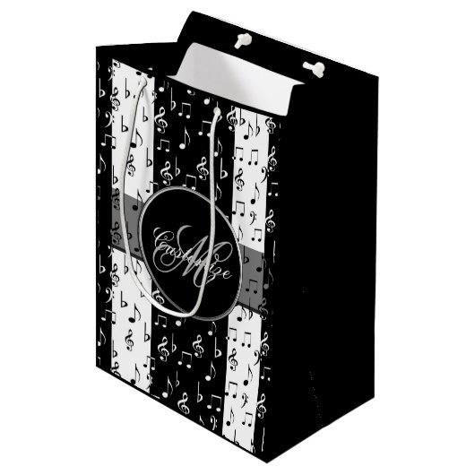 Monogrammen van zwarte & witte muziekstrips medium cadeauzakje (Voorkant Gekanteld)