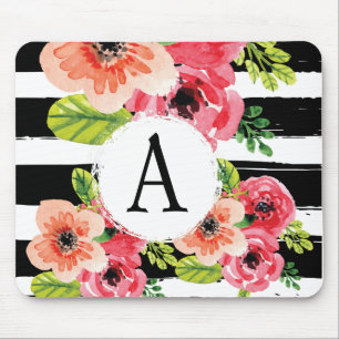 Monogrammen Waterverf Floral & Black White Stripes Muismat