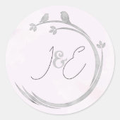 Monogrammen Waterverf Grijze Lovevogels Branch Wre Ronde Sticker (Voorkant)