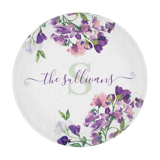 Monogrammen Waterverf Sweet Pea Cutting Board Snijplank (Voorkant)
