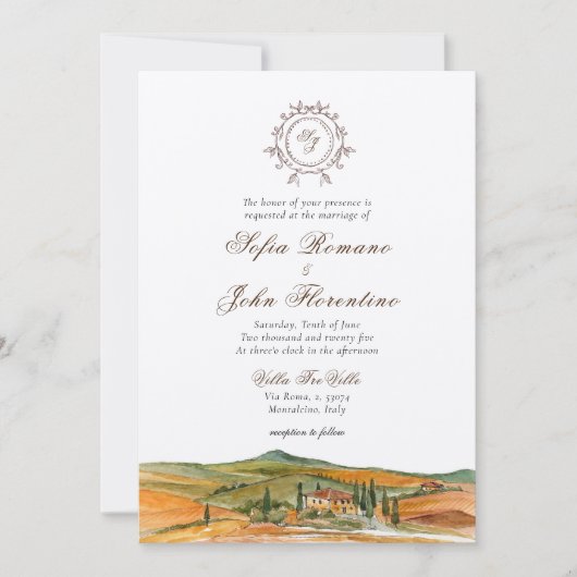 Monogrammen waterverf Toscane skyline bruiloft Kaart (Voorkant)