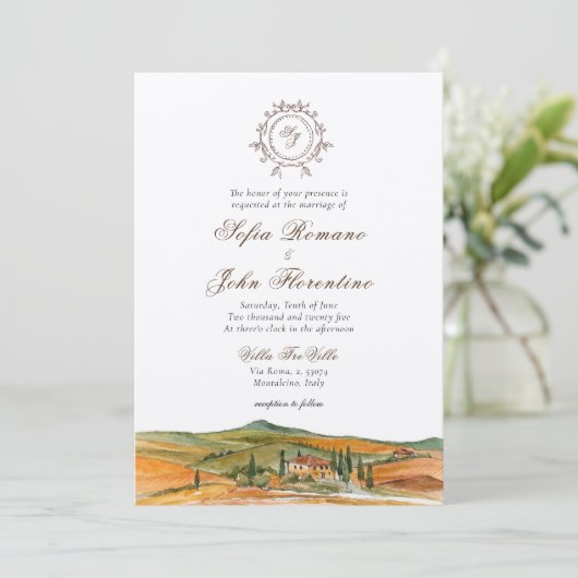 Monogrammen waterverf Toscane skyline bruiloft Kaart (Staand voorkant)