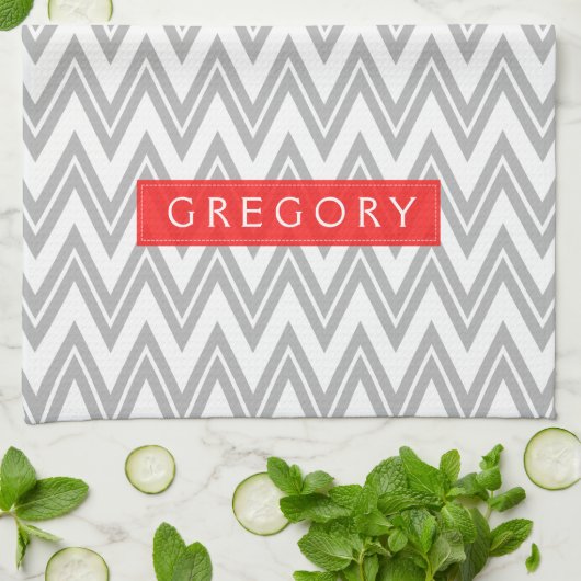 Monogrammen wit en grijs Chevron patroon 3 Theedoek (Gevouwen)