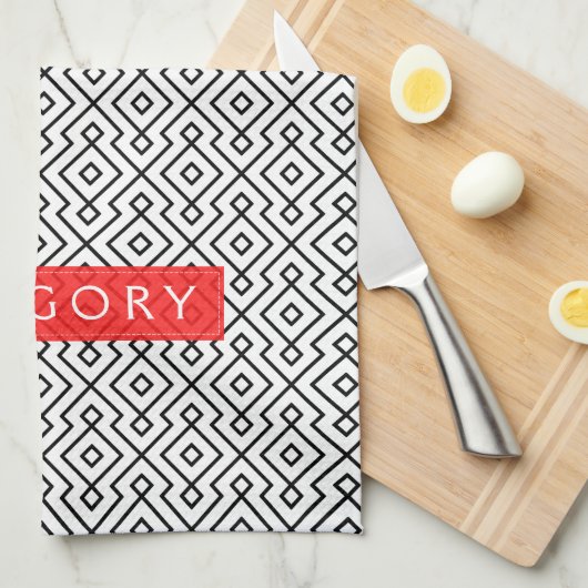 Monogrammen wit en zwart geometrisch patroon theedoek (Quarter Fold)