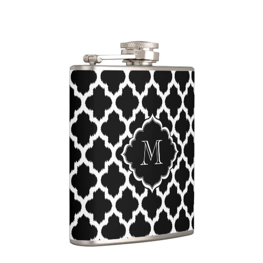 Monogrammen witte en zwarte Ikat Quatrefoil Heupfles (Rechts)