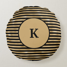 Monogrammen zwart en Gold Striped Chic Modern Rond Kussen