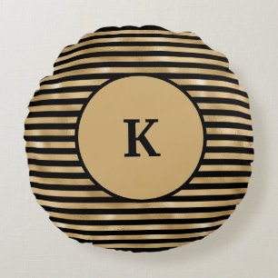 Monogrammen zwart en Gold Striped Chic Modern Rond Kussen