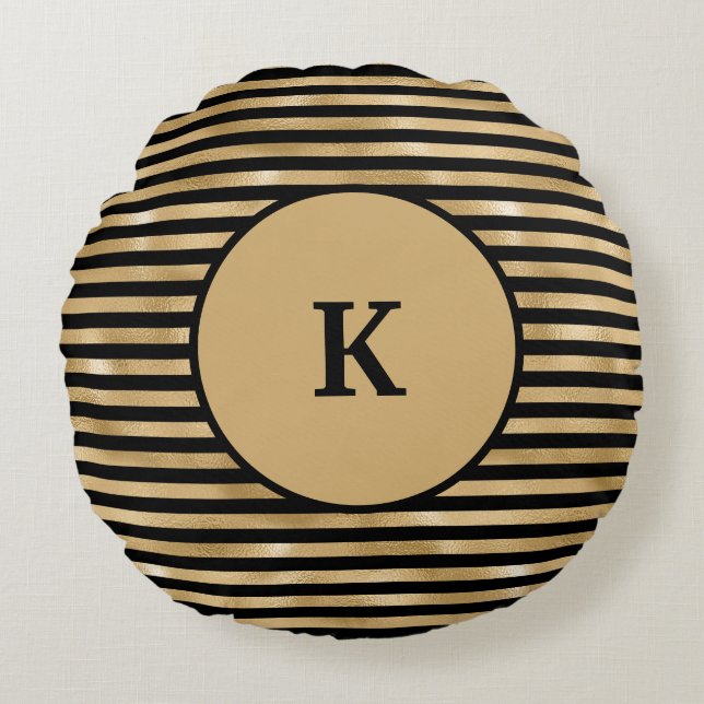 Monogrammen zwart en Gold Striped Chic Modern Rond Kussen (Voorkant)