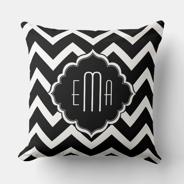 Monogrammen zwart en wit Geometric Zigzag Chevron Kussen (Voorkant)