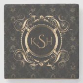 Monogrammen zwart & goudzuurrondcirkelLijst USB C Stenen Onderzetter (Voorkant)