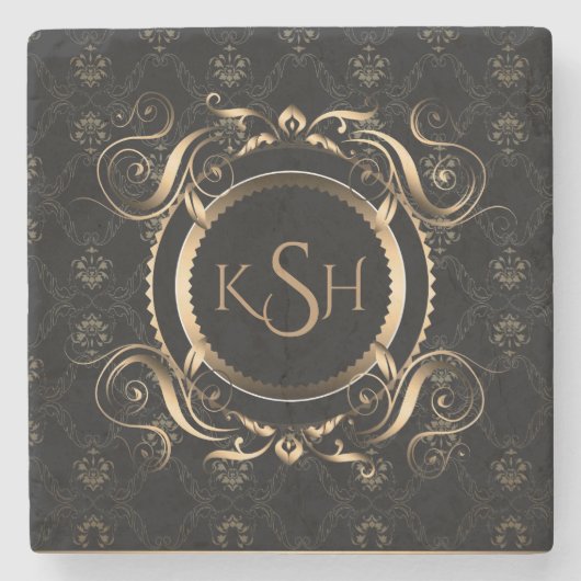 Monogrammen zwart & goudzuurrondcirkelLijst USB C Stenen Onderzetter (Voorkant)