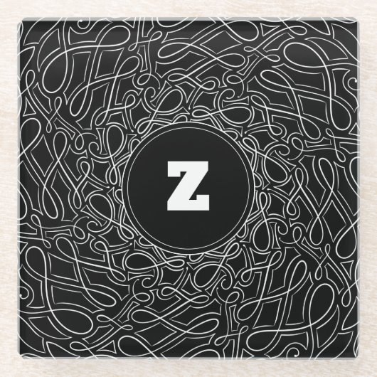 Monogrammen zwart-wit patroondraai modern glazen onderzetter (Voorkant)