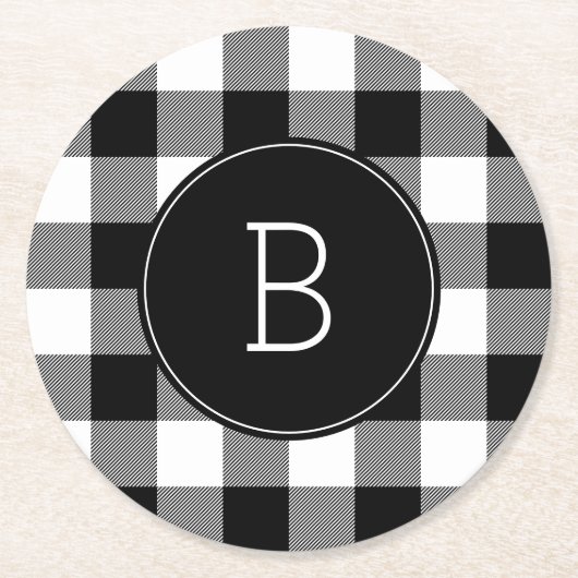 Monogrammen zwart-witte buffelplaat ronde kartonnen onderzetter (Voorkant)