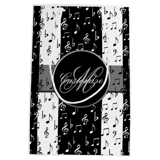 Monogrammen zwart-witte muziekstrips 2 medium cadeauzakje (Achterkant)