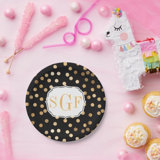 Monogrammen zwarte en goudglitterStippen Papieren Bordje (Feest)