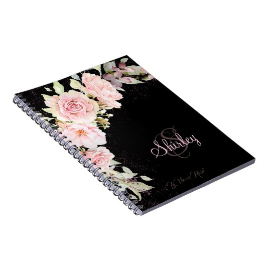 Monogrammen zwarte en roze Waterverf Rozen Notitieboek (Rechterzijde)