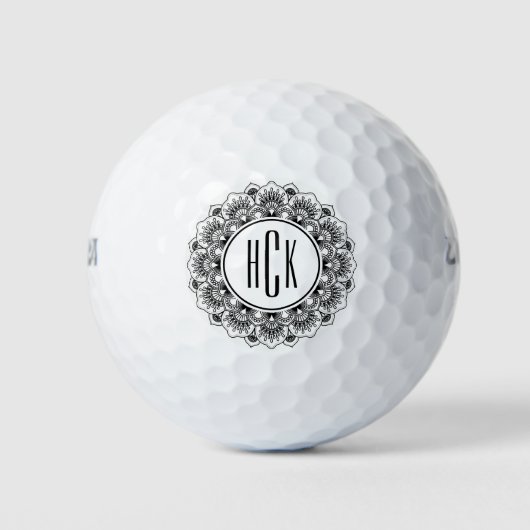 Monogrammen zwarte en witte mandala golfballen (Voorkant)