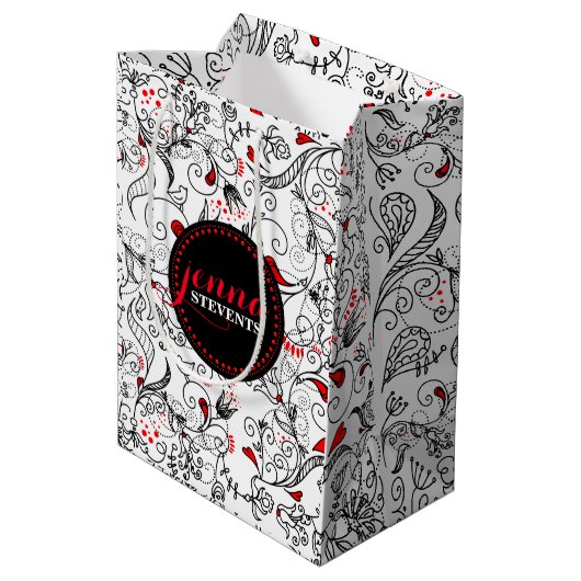 Monogrammen zwarte en witte retrorbloemen medium cadeauzakje (Achterkant Gekanteld)