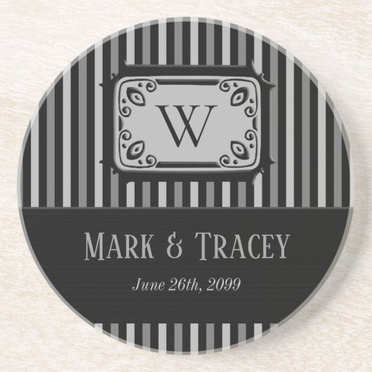 Monogrammen zwarte en witte strepen zandsteen onderzetter (Voorkant)