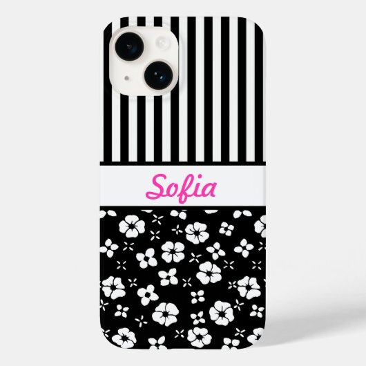 Monogrammen zwarte/witte bloemen/strips Case-Mate iPhone case (Achterkant)