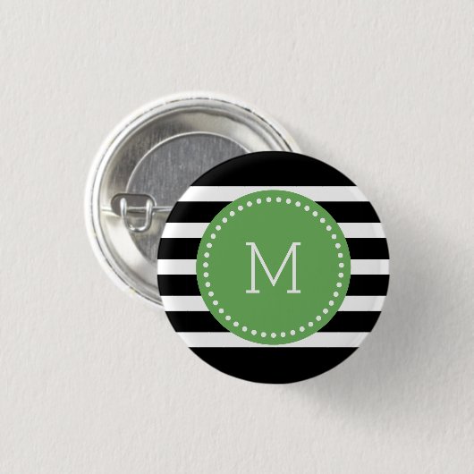 Monogrammen zwarte & witte strepen & groene accent ronde button 3,2 cm (Voorkant /achterkant)