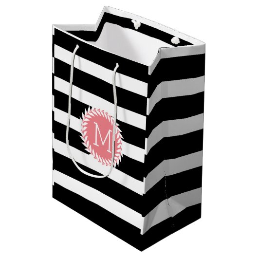 Monogrammen zwarte & witte strepen & witte poot medium cadeauzakje (Voorkant Gekanteld)