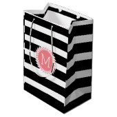 Monogrammen zwarte & witte strepen & witte poot medium cadeauzakje (Achterkant Gekanteld)