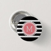 Monogrammen zwarte & witte strepen & witte poot ronde button 3,2 cm (Voorkant /achterkant)