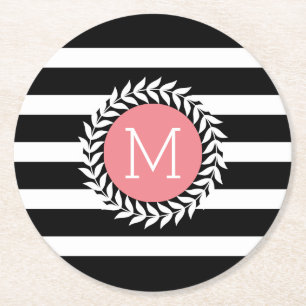 Monogrammen zwarte & witte strepen & witte poot ronde kartonnen onderzetter