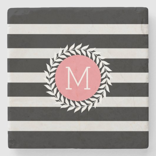 Monogrammen zwarte & witte strepen & witte poot stenen onderzetter (Voorkant)