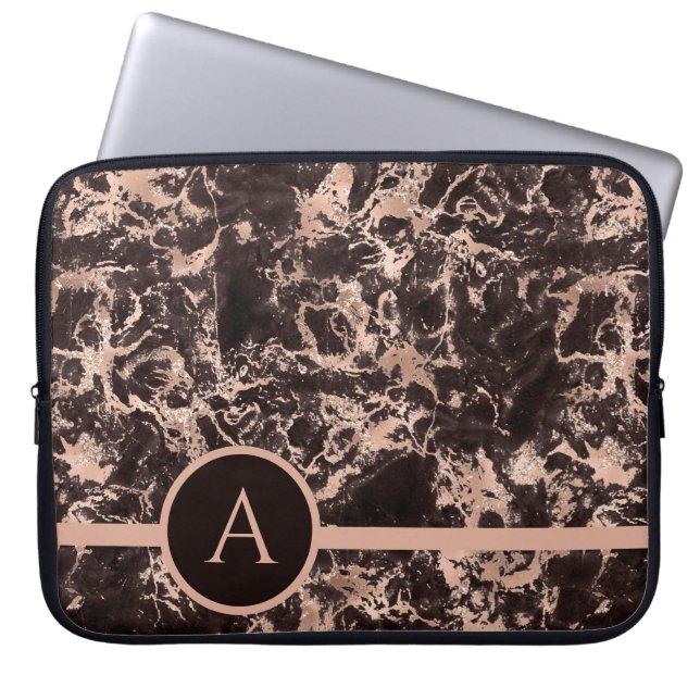 Monogrammerde Roze Gouden Marmer Laptop Sleeve (Voorkant)