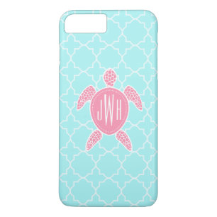 Monogrammofoonroze Zee Turtle + Blue Quatrefoil iPhone 8/7 Plus Hoesje
