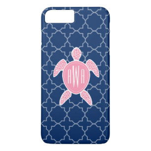 Monogrammofoonroze Zee Turtle Blue Quatrefoil iPhone 8/7 Plus Hoesje