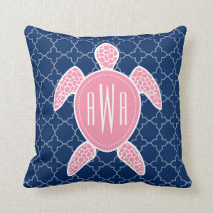 Monogrammofoonroze Zee Turtle Blue Quatrefoil Kussen