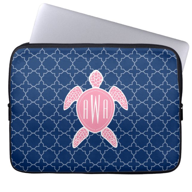 Monogrammofoonroze Zee Turtle Blue Quatrefoil Laptop Sleeve (Voorkant)